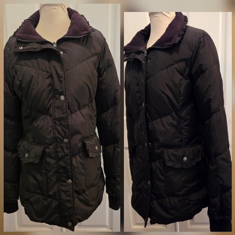 Betsey Johnson Quilted Jacket Coat Black Ruffles Size Medium Designer Ruffled